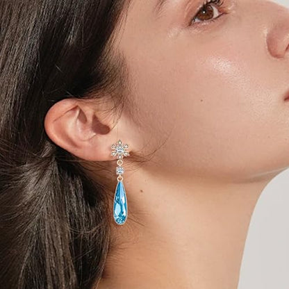 Austrian Crystal Teardrop Earrings Flower Dangle Earrings for Women 14K Gold Plated Drop Stud Earrings Hypoallergenic Jewelry - color: Aquamarine