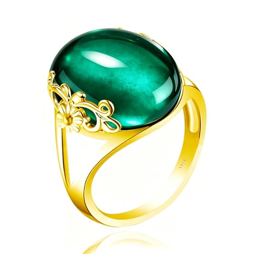 Oval Crystal Gemstone Floral Ring, 14K Gold Plated S925 Sterling Silver, Vintage Boho Statement Ring for Women - color: Floral_F malachite-green