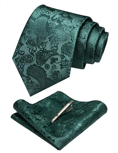 JEMYGINS Mens Solid Color Paisley Necktie and Pocket Square with Tie Clip Sets - color: Emerald Green