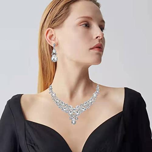 Women's Wedding Bridal Austrian Crystal Glass Teardrop Statement Necklace Dangle Earrings Bracelet Ring Wedding Party Jewelry Set for Bridal Bridesmaid - color: White-Platinum Plated