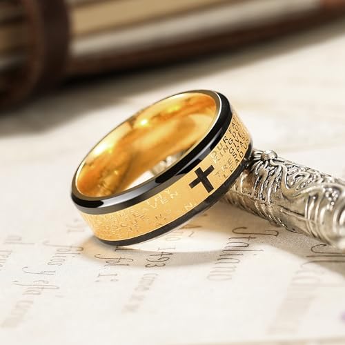 King Will Stainless Steel Men Ring Lord's Prayer Cross Ring Stainless Steel Men Wedding Ring, Wedding Band Bible Engraved Rings High Polished, Comfort Fit | 8mm, Gold/Silver/Black Wedding Band, Bible Engraved Rings, High Polished, Comfort Fit, Size 7-14 -