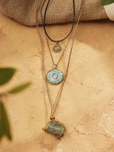 MINACHI Bohemian Retro Style Multi Layer Necklace, Green Crystal Sun and Floral Pendant, Ethnic Jewelry for Women - style: Necklace R17-052
