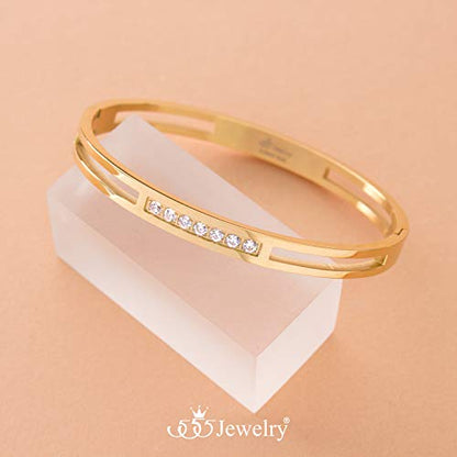 555Jewelry Womens Stainless Steel Fashion CZ Studded Cuff Bangle Bracelet - color: Yellow Gold - Grooved