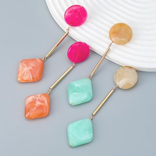 Acrylic Geometric Earrings Round Square Resin Earrings Lightweight Drop Earrings Resin Acetate Drop Dangle Hoop Earrings Long Tassel Fashion Jewelry Hollow Marble Design for Women - color: Colorful