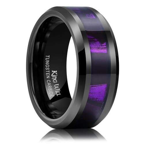 King Will Tungsten Wedding Band Wood Inlay for Men Black Beveled Edge | Black, 8mm, Beveled Edge, Comfort Fit, Wood inlay, Promise Gift - color: Black-Purple