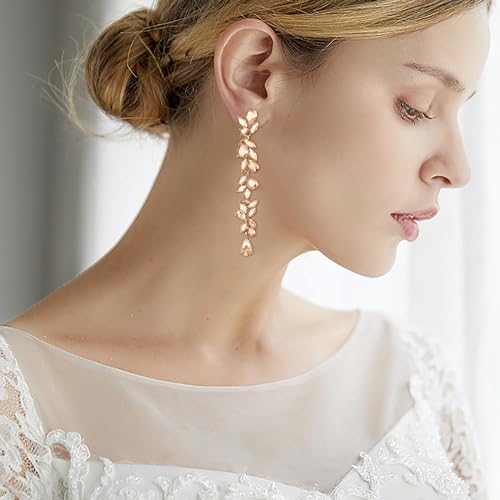 Crysdue Clip On Earrings for Women Rhinestone Crystal Teardrop Cluster Wedding Bridal Non Pierced Long Dangle Earring for Prom Party - color: Champagne Gold-Tone