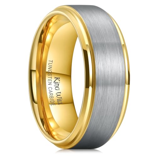 King Will Mens Brushed Wedding Band, Two Tone Matte Step Edges/Pipe Cut, Tungsten Carbide Anniversary Promise Rings Comfort Fit - color: Silver&Gold-8mm