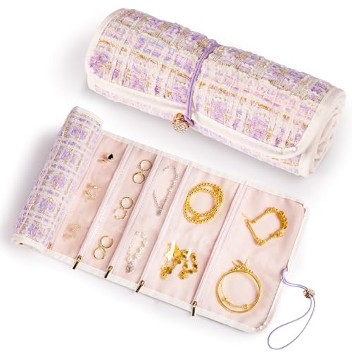 Abiudeng Tweed Travel Jewelry Organizer Roll with 20 Compartments - Rhinestone Button, Anti-Tarnish & Tangle-Free Necklace Storage Bag, Velvet Lined Scratch Protection Case for Women - Purple - color: Purple