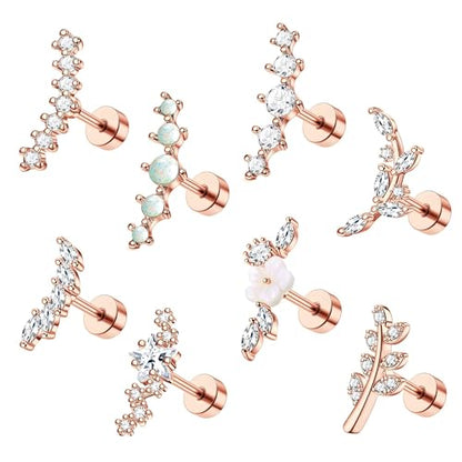 8Pcs Stainless Steel 16G Conch Piercing Jewelry Helix Cartilage Earrings | Flower Opal CZ Stud Earrings Set with Flat Back for Women, 18K Gold Plated, Silver, Rose Gold - color: Rose Gold