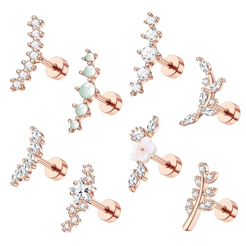 8Pcs Stainless Steel 16G Conch Piercing Jewelry Helix Cartilage Earrings | Flower Opal CZ Stud Earrings Set with Flat Back for Women, 18K Gold Plated, Silver, Rose Gold - color: Rose Gold
