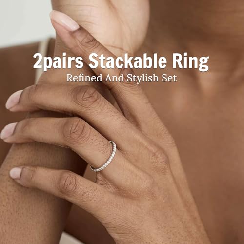 2mm 925 Sterling Silver Rings Gold Engagement Wedding Bands Eternity Cubic Zirconia Simulated Diamond 2pairs Stackable Ring for Women Size 5-10 - color: Silver