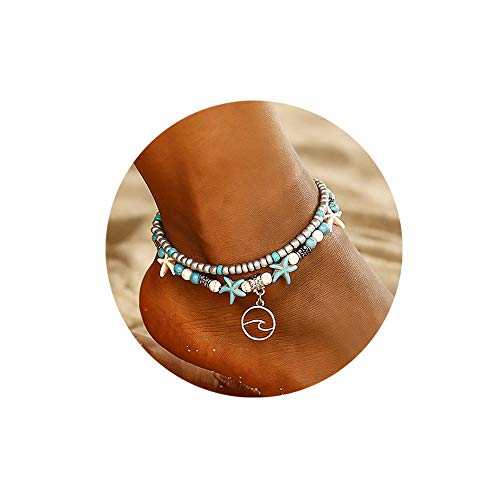 Softones Blue Starfish Turtle Anklet Multilayer Charm Beads Sea Handmade Boho Anklet Foot Jewelry for Women - style: B:Wave