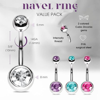 FIFTH CUE 14GA Surgical Steel & Synthetic Opal Resin Belly Button Ring, 3/8" Length, 5mm x 8mm Ball - Classic Look, Highly Rate Belly Rings for Women, Super High Quality - style: Titanium 4pcs Clear, Pink, Aqua, Tanzanite