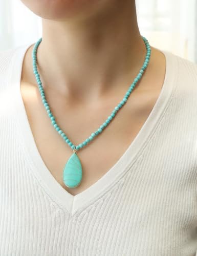 BaubleStar Teardrop Natural Crystal Healing Stone Pendant Necklace | Birthstone Quartz Necklace for Women, Multi-Color Available - color: Turquoise/Beaded Chain