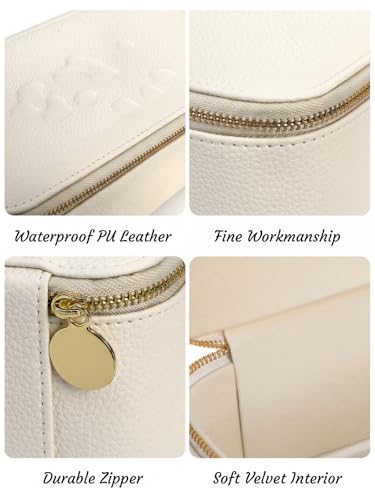 Hacaroa Large Travel Jewelry Case with 12 Velvet Pouches, 8.3 x 4.5 x 3.5 inches Jewelry Storage Organizer Box PU Leather, Clear Necklace Earrings Rings Bags for Women Wedding Gifts, Cream White