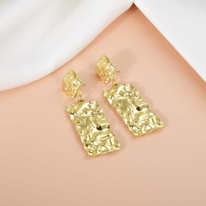 Large Geometric Drop Dangle Earrings for Women Pearl Teardrop Disc Rectangle Oval Fishtail Shell Shaped Textured Dangle Studs Earrings for Women - color: Gold-Rectangle