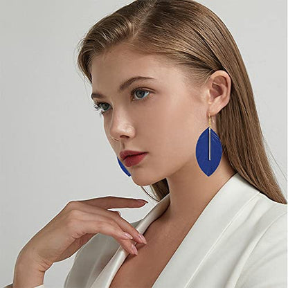 GBAHFY Feather Leather Layered Fringe Earrings for Women Boho Genuine Lightweight Leather Leaf Tassel Dangle Statement Earrings with Metal Bar - color: Blue