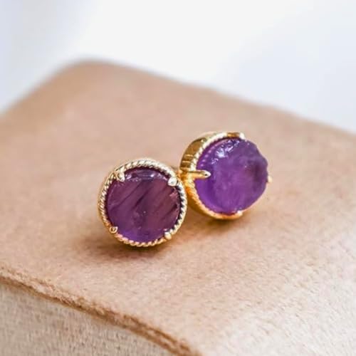 Gempires Gemstone Stud Earrings for Women 14k Gold Plated Prong Set Genuine Crystal Hypoallergenic Handmade Minimal Everyday Jewelry Elegant Birthstone Earrings Gift for Her - style: Amethyst