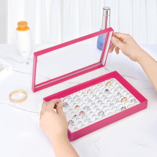 KUKUVR 100 Slots Ring Earring Holder Display Case (Pink) | Velvet, Clear Lid, Ring Earring Storage Organizer Box Tray, for Women and Selling Show - color: Pink
