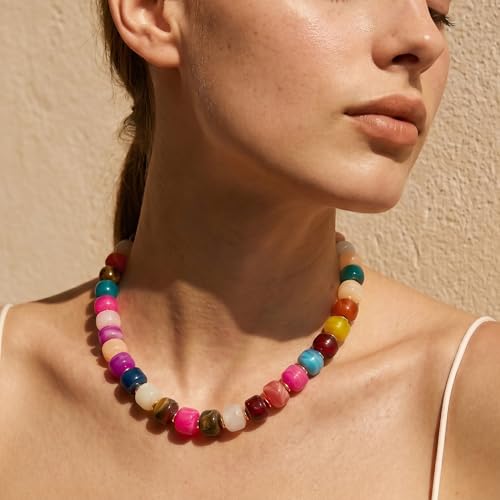 SHERLOVE Chunky Statement Large Resin Beaded Choker Necklaces for Women | Big Lightweight Bead Beaded Necklace Trendy Fashion Boho Summer Beach Vacation Jewelry - color: Beaded Choker Colorful