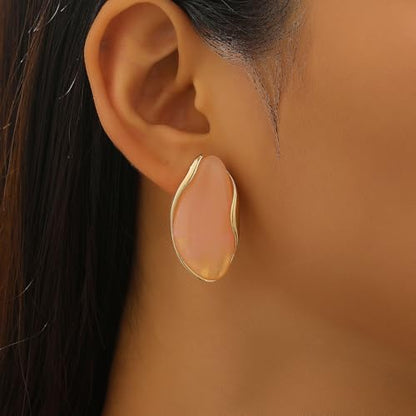 Colorful Chunky Earrings Ring for Women, Resin Boho Large Oval Acrylic Finger Ring Statement Stainless Steel Adjustable Rings Beach Summer Jewelry Gift - color: Pink Set
