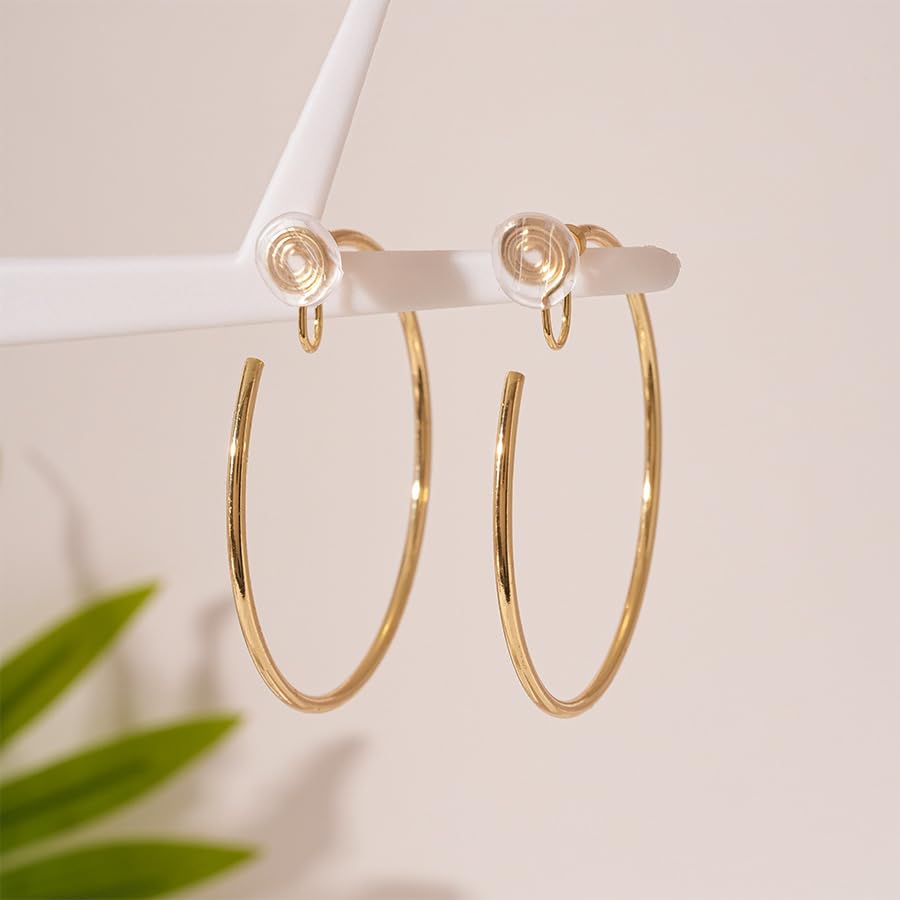 Large Gold Clip on Hoop Earrings for Women, Non Pierced Earrings with Comfortable Silicone Pads, Oversized Lightweight Thin Hoop Jewelry, Elegant Minimalist Professional Accessory, Jewelry Gift for Her