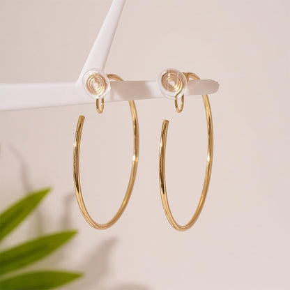 Large Gold Clip on Hoop Earrings for Women, Non Pierced Earrings with Comfortable Silicone Pads, Oversized Lightweight Thin Hoop Jewelry, Elegant Minimalist Professional Accessory, Jewelry Gift for Her