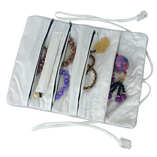 Travel Jewelry Roll Bag - Silk Embroidered Brocade Pouch for Rings, Necklaces, Earrings, Bracelets | Lightweight & Tie Closure (White) - color: White