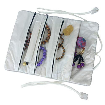 Travel Jewelry Roll Bag - Silk Embroidered Brocade Pouch for Rings, Necklaces, Earrings, Bracelets | Lightweight & Tie Closure (White) - color: White
