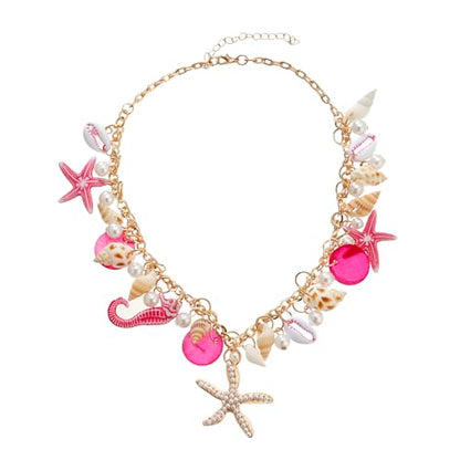 RUOFFETA Shell Starfish Necklace Bracelet Conch Statement Chunky Necklace Mermaid Costume Jewelry Beach Jewelry for Women - style: Necklace Hot Pink