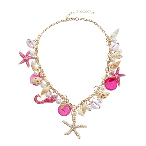 RUOFFETA Shell Starfish Necklace Bracelet Conch Statement Chunky Necklace Mermaid Costume Jewelry Beach Jewelry for Women - style: Necklace Hot Pink