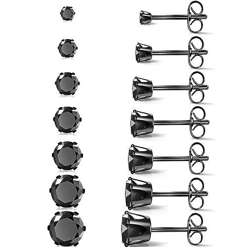 Silver Gold Black Stud Earrings Set 7Pairs Hypoallergenic Cubic Zirconia Titanium Stainless Steel Silver Rose Gold Black CZ Cartilage Stud Earrings Jewelry Sets for Women Men, 2-8mm CZ Stud Earrings - color: 7Pairs Black Diamond Stud Earrings