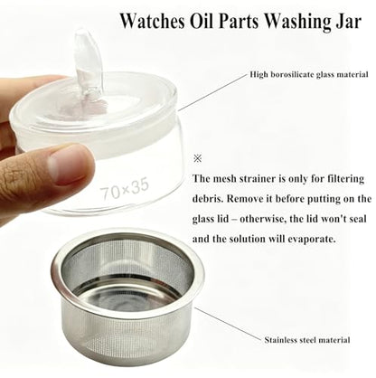 7CM X 3.5CM Watch Oil Washing Jar Tank, 3 in 1 Watch Repair Cleaner Tool with Stainless Steel Mesh Strainer and 18CM Cleaning Cloth, Glass Jewelry Cleaner Container for Maintenance & Modification Wristwatch Parts or Other Small Accessories