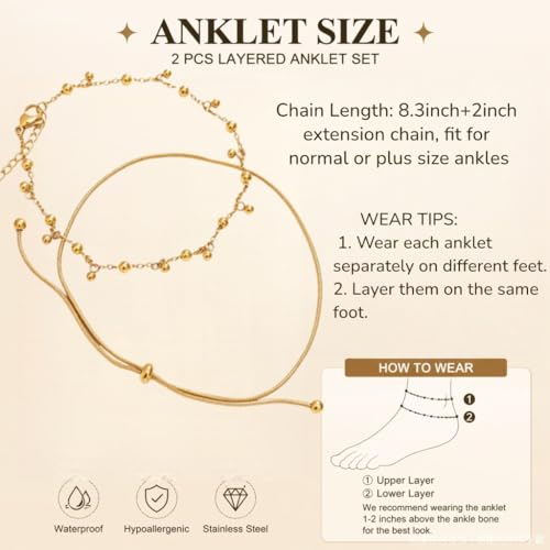 Waterproof Gold Plated Layered Anklets for Women Daisy/Herringbone/Heart Charm/Bead Chain Non Tarnish Stainless Steel Summer Foot Jewelry Gift for Her, with Gift Box - color: 5. multi beads
