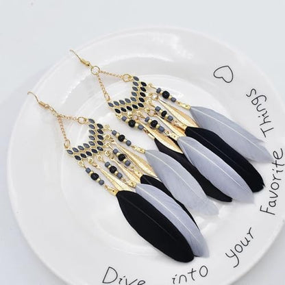 Faux Feather Fringe Tassel Long Dangle Earrings for Women | Bohemian Women Tassel Drop Jewelry - color: black grey