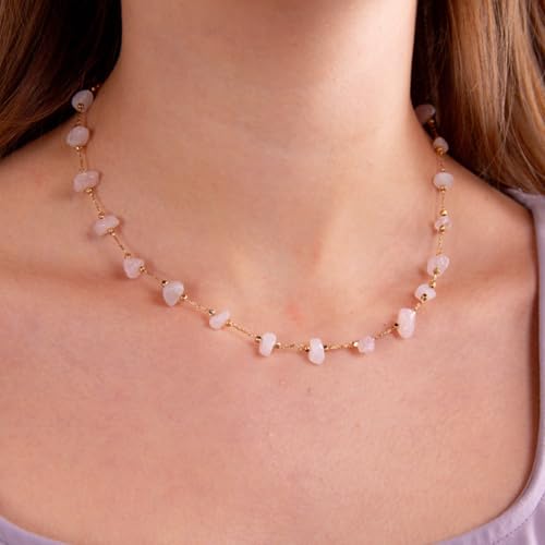 KYUNHOO 16.4FT Light Pink Natural Gemstone Jewelry Making Chain Supplies | Gold Plated Brass Chains Bulk Stone Link Chain Roll witj Clasps for Crafts DIY Jewelry Findings - color: Natural Stone-Light Pink