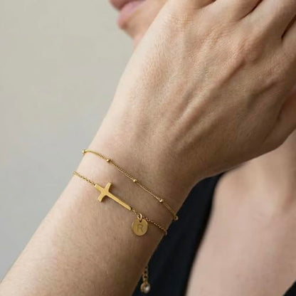 Cross Bracelet Set for Women, 18K Gold Plated Stainless Steel, Minimalist Cross & Initial Letter Charm, Adjustable Layered Bracelets with Gift Box and Inspirational Cards - style: Initial-B