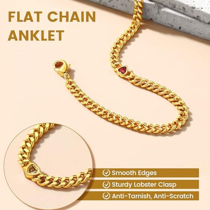 KeyStyle GoldChic Gold Round Heart Ankle Bracelet with Birthstone For Women, 12 Months Sparkling Crystal Anklet Anniversary Jewelry for Her, Birthday Chains for Mother
