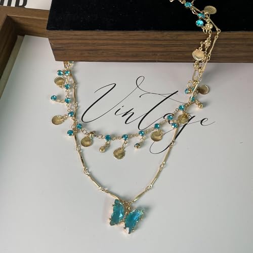 Necklace Bohemian Beach Jewelry Layered Chain Summer Accessories, Crystal Butterfly Necklace Y2K Fashion Jewelry Double Layered Trendy