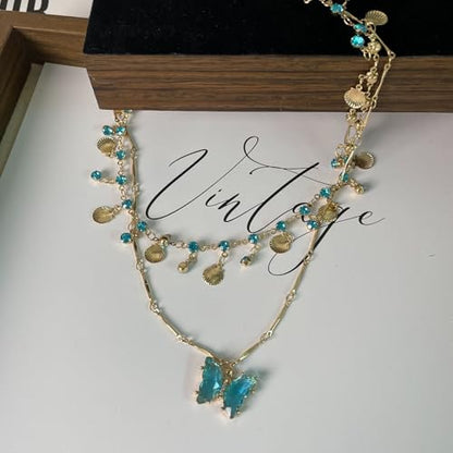 Necklace Bohemian Beach Jewelry Layered Chain Summer Accessories, Crystal Butterfly Necklace Y2K Fashion Jewelry Double Layered Trendy