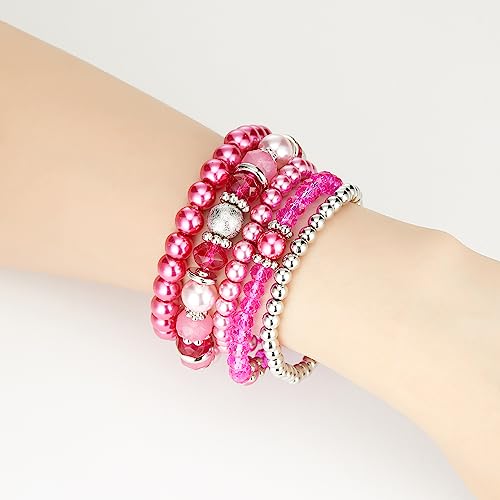 Noessla Beaded Pearl Stretch Bracelet Silver Stackable Crystal Beads Bracelets Trendy Costume Jewelry Mothers Day Gifts for Women - color: Hot pink