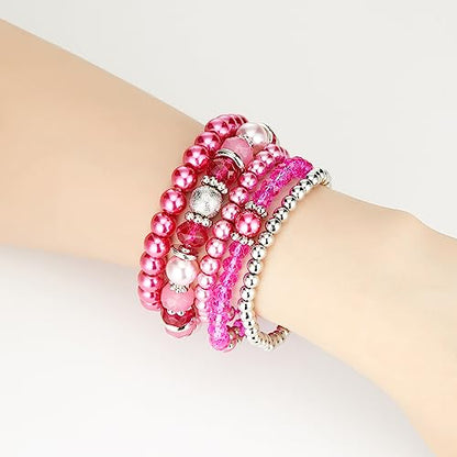 Noessla Beaded Pearl Stretch Bracelet Silver Stackable Crystal Beads Bracelets Trendy Costume Jewelry Mothers Day Gifts for Women - color: Hot pink