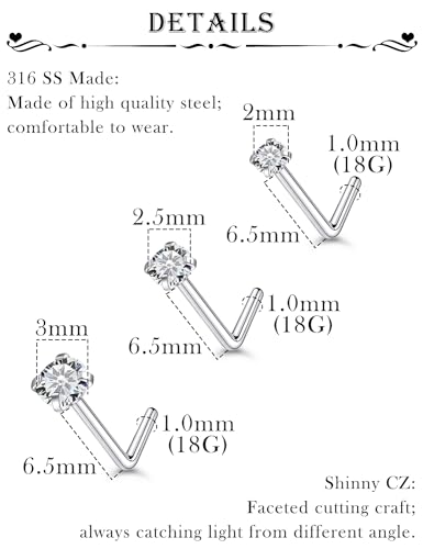 18G 20G 22G Stainless Surgical Steel Titanium Nose Rings Studs for Women L Shaped Nose Rings Screw Nose Studs Nostrial Piercing Jewelry for Women Men Silver Gold Black - style: 18G/Clear CZ/L-shaped/Silver
