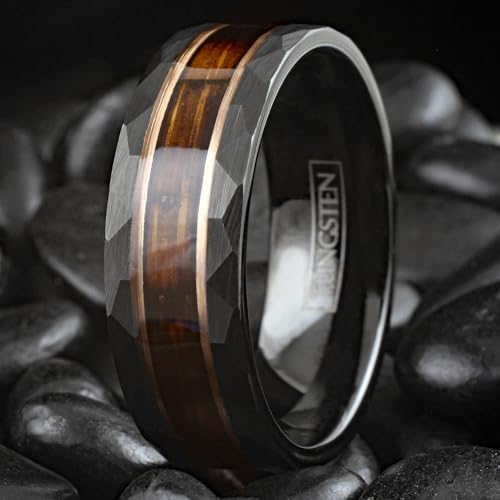 Gorgeous Unique 8mm Brushed Satin Finish Black Tungsten Carbide Faceted Flat Band Ring with Charred Whiskey Barrel Oak Wood Inlay between Rose Gold Stripes.