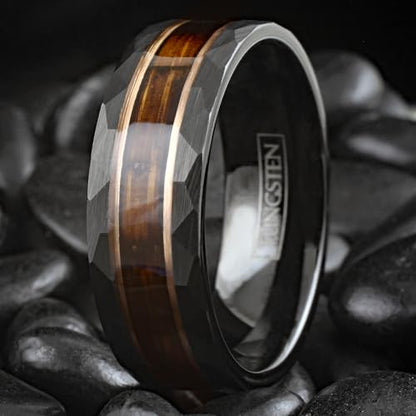 Gorgeous Unique 8mm Brushed Satin Finish Black Tungsten Carbide Faceted Flat Band Ring with Charred Whiskey Barrel Oak Wood Inlay between Rose Gold Stripes.