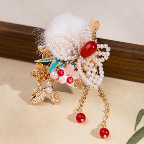 Bridal Flower Hair Clips, Crystal Hair Pins Pearl Rhinestone Hair Barrettes, Wedding Hair Pieces Pearl Headpieces Hair Accessories for Women Girls - color: Gold&Red