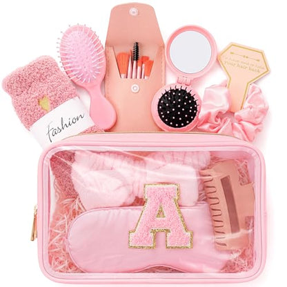 9 Pcs Bow Gift for Woman Set with Hair Headband Scrunchie Sleep Eye Mask Hair Claw Bow Comb with Mirror Monogram Cosmetic Bag Socks for Bachelorette Party Spa Sleepover Birthday Gifts (A) - style: A