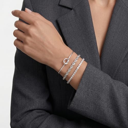 925 Sterling Silver Bracelets for Women Stack, Trendy Tennis Bangle Cuff Jewelry Set 14K Gold Plated, Adjustable Bracelet Set for Wrist Essentials, Women Fashion Watch Band Acecessories - style: Bracelet_3pcs(Dainty Tennis Set2-Silver)