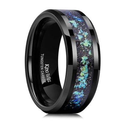 King Will Mens Wedding Band with Foils Inlay, Black/Silver/Gold Beveled Edge Glowstone Ring, 6mm/8mm Tungsten Carbide Rings Comfort Fit - color: Black&Teal-8mm