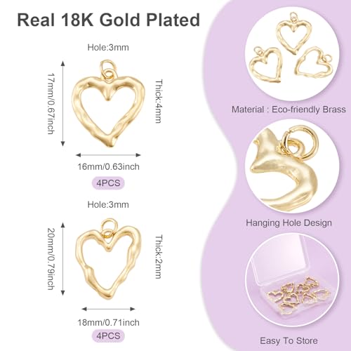 8Pcs 18K Gold Plated Heart Charms Golden Brass Heart Pendants Hollow Dangle Bezel Charms for DIY Earring Necklace Bracelet Jewelry Making Christmas Valentine